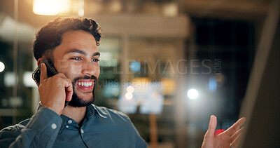 Buy stock photo Phone call, computer and businessman in office at night for investment negotiation, finance or profit. Cellphone, professional and male trader on mobile discussion for client revenue growth feedback.