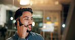 Phone call, communication and businessman in office at night for investment negotiation, finance or profit. Cellphone, professional and trader on mobile discussion for client revenue growth feedback.
