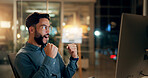 Excited, businessman and night with fist pump on computer for winning, investment or promotion at office. Happy, man or employee working late with smile on pc for good news, celebration or bonus