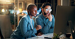 Computer, night and thinking with business people in office together for development or planning. Collaboration, feedback or review with employee man and woman in workplace for project management