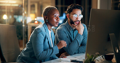 Buy stock photo Computer, night and thinking with business people in office together for development or planning. Collaboration, feedback or review with employee man and woman in workplace for project management