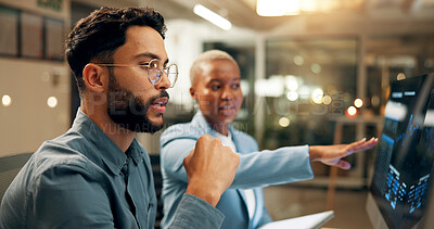 Buy stock photo Computer, stock market trading and thinking with business people in office together. Conversation, information on screen or question with employee man and woman in workplace for portfolio management