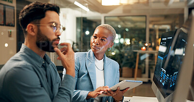 Buy stock photo Computer, tablet and thinking with business people in office together for stock market trading at night. Display, idea or problem solving with man and woman in workplace for portfolio management