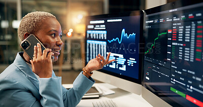 Buy stock photo Phone call, computer screen and black woman in office at night for investment negotiation, finance or profit. Cellphone, contact and trader with discussion for financial statistics, graphs or charts.