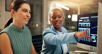 Buy stock photo Computer screen, night and trading with business women in office together for stock market analysis. Conversation, pointing or review with employee people in workplace for portfolio management