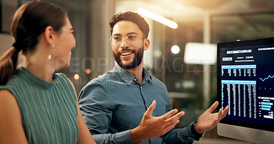 Buy stock photo Team, business people and computer screen for stock market discussion, investment data or growth in office. Tech,  planning and happy financial broker with profit, IPO stats and trading at night