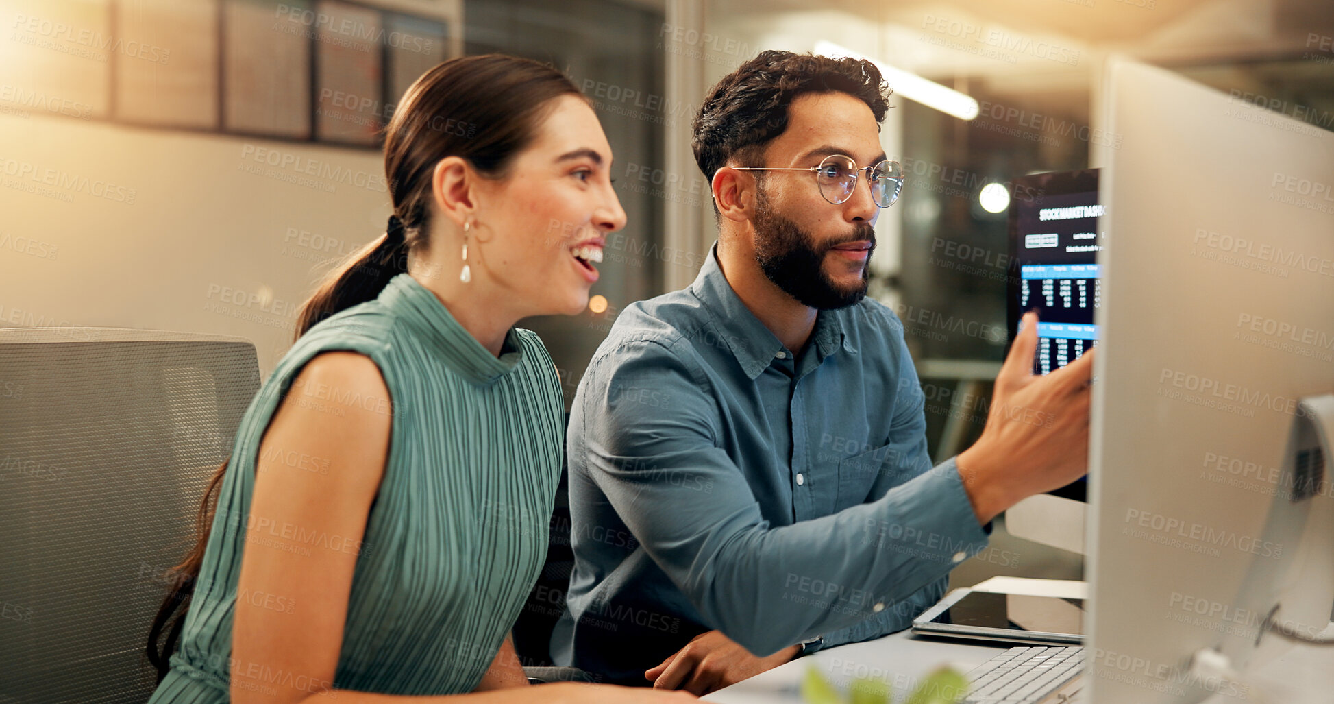 Buy stock photo Team, business people and computer for trading on stock market, investment and economy growth in office at night. Tech, collaboration and financial broker with profit, results or revenue on overtime