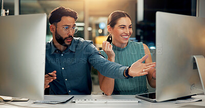 Buy stock photo Night, teamwork and business people in office, computer and conversation with copywriting. Employees, cooperation and journalist with online magazine, evening and pc with email and editing approval