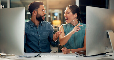 Buy stock photo Night, surprise or business people in office, computer or online magazine with copywriting. Employees, cooperation or journalist with shock, evening or pc with email, website info or editing approval