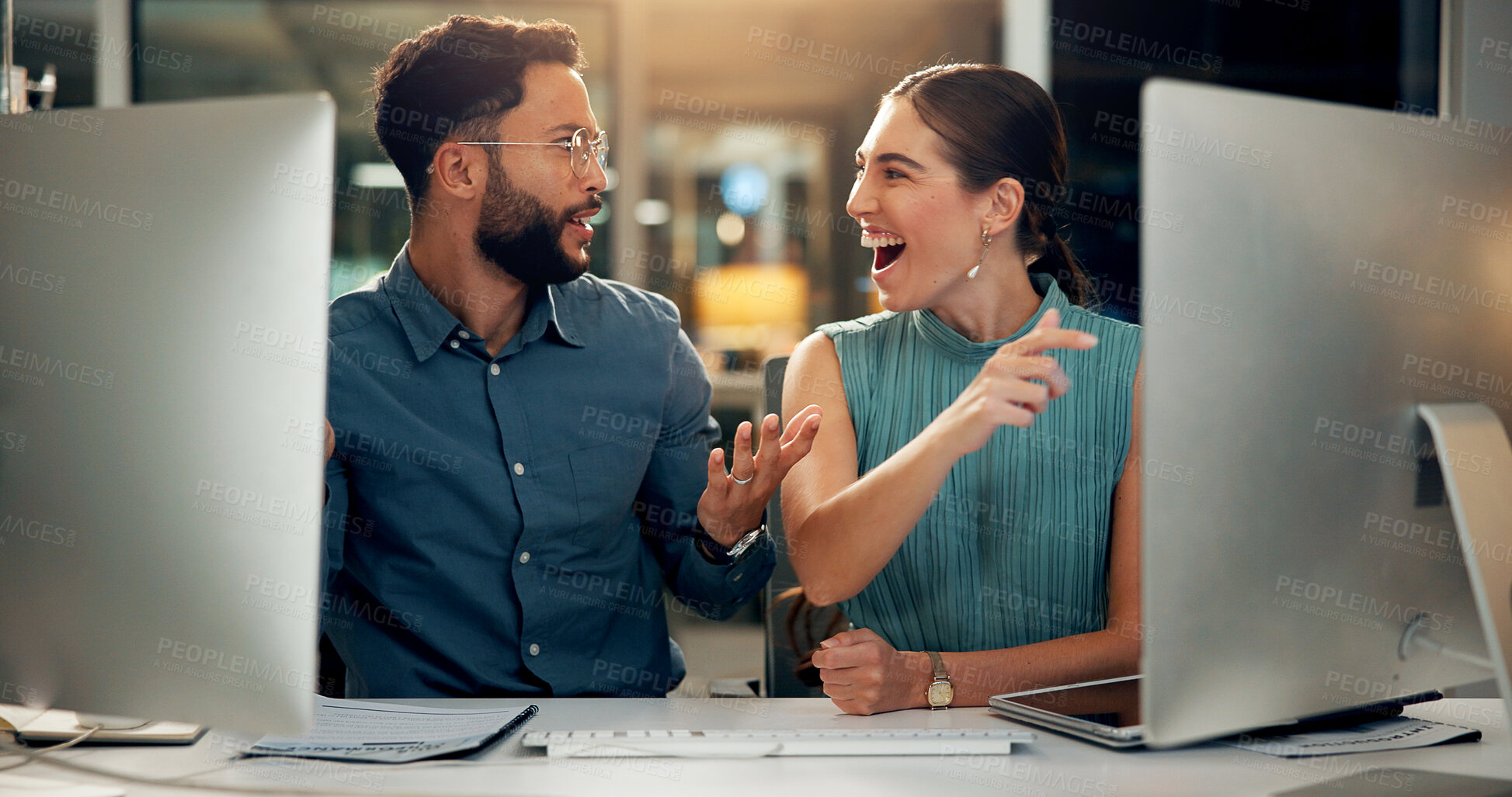 Buy stock photo Night, surprise or business people in office, computer or online magazine with copywriting. Employees, cooperation or journalist with shock, evening or pc with email, website info or editing approval