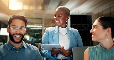 Buy stock photo Night, tablet and group of business people planning, training or discussion for insurance. Technology, office or happy manager coaching team for help with project, financial policy or problem solving