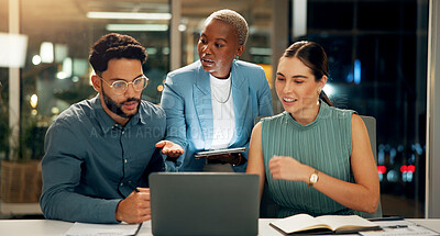 Buy stock photo People, meeting and laptop in office at night for planning, story ideas and project deadline. Man, explain and brainstorming with team, research and article schedule for  publication for working late