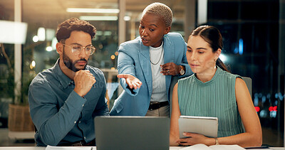 Buy stock photo Night, laptop and group of business people in training, planning and discussion for insurance. Computer, office and manager coaching team for help with project, financial policy and problem solving
