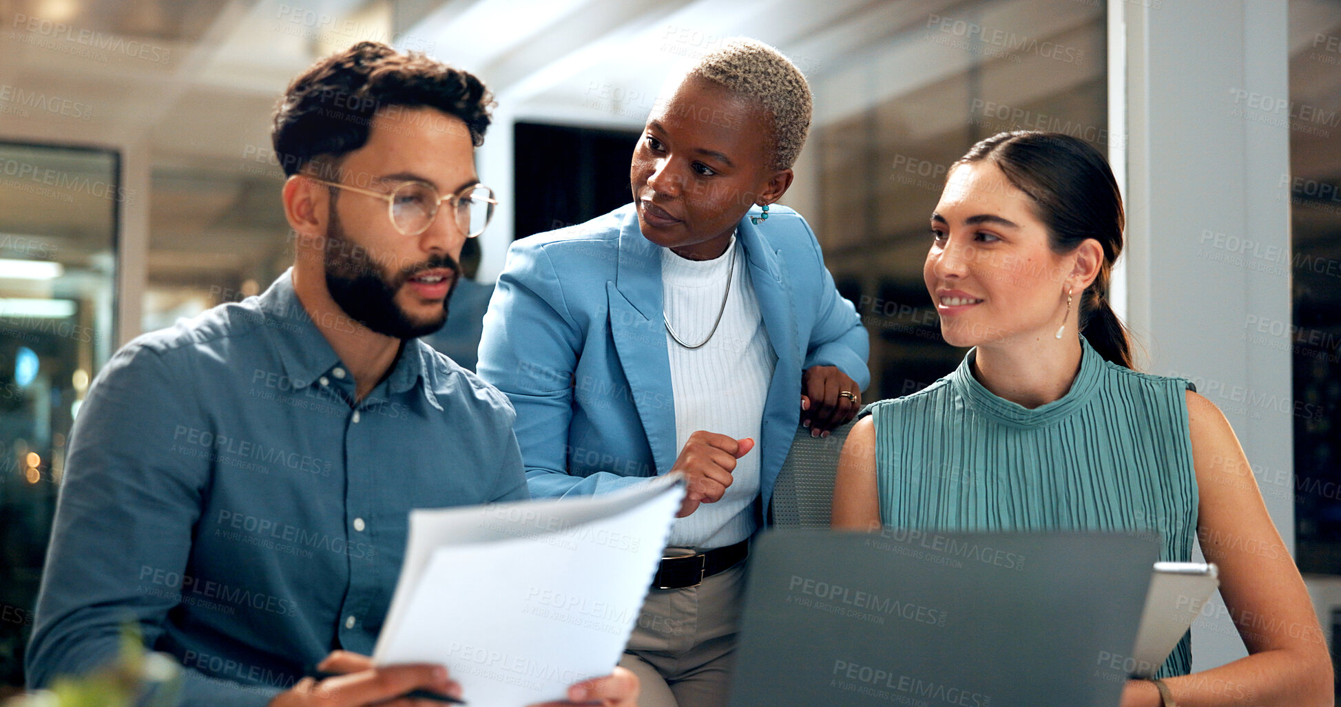 Buy stock photo Business people, night or laptop with documents for financial planning, project deadline or budget. Group, employees or colleagues working late with paperwork on computer for company report or bills