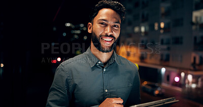 Buy stock photo Tablet, night and portrait of businessman in city with email communication for finance report. Rooftop, digital technology and financial analyst with online trading investment on building in town.