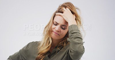 Buy stock photo Stress, woman and frustrated for mistake in studio with anxiety, mental health fatigue or mad. Mockup, overwhelmed and person with disappointment for bad decision, doubt or regret on white background