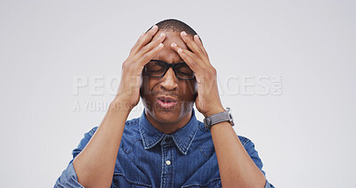 Buy stock photo Stress, man and frustrated for mistake in studio with bad decision, disappointed and debt crisis. Mockup, overwhelmed and black person with worry for financial disaster or problem on white background
