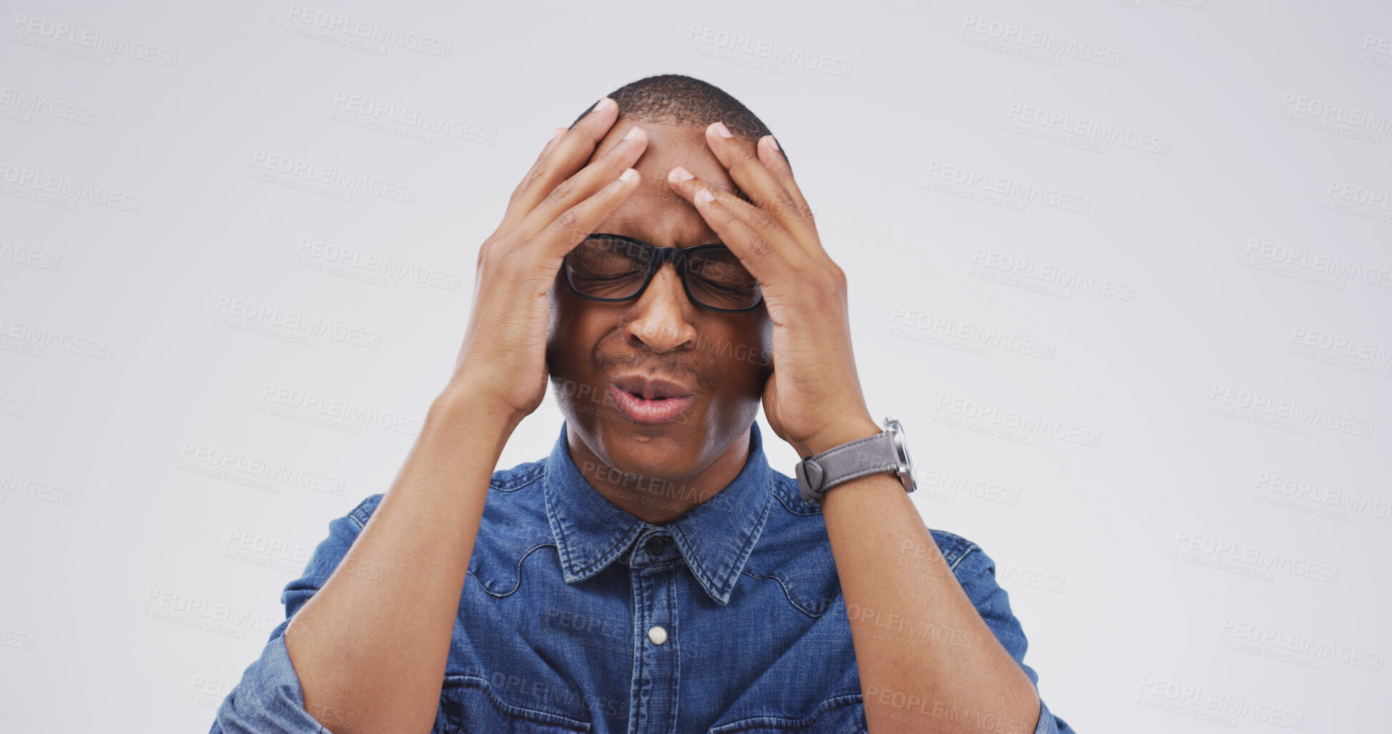 Buy stock photo Stress, man and frustrated for mistake in studio with bad decision, disappointed and debt crisis. Mockup, overwhelmed and black person with worry for financial disaster or problem on white background