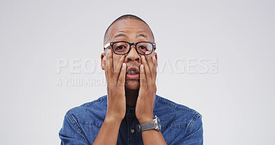 Buy stock photo Mistake, portrait and reaction with black man on studio space for crisis, exam fail or test error. Bad news, disaster and education with glasses or university student isolated on white background