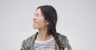 Buy stock photo Mad, woman and thinking of mistake, studio or student with frustration for exam or white background. Contemplating, pupil and person with anger for test results, university and reflection for failure