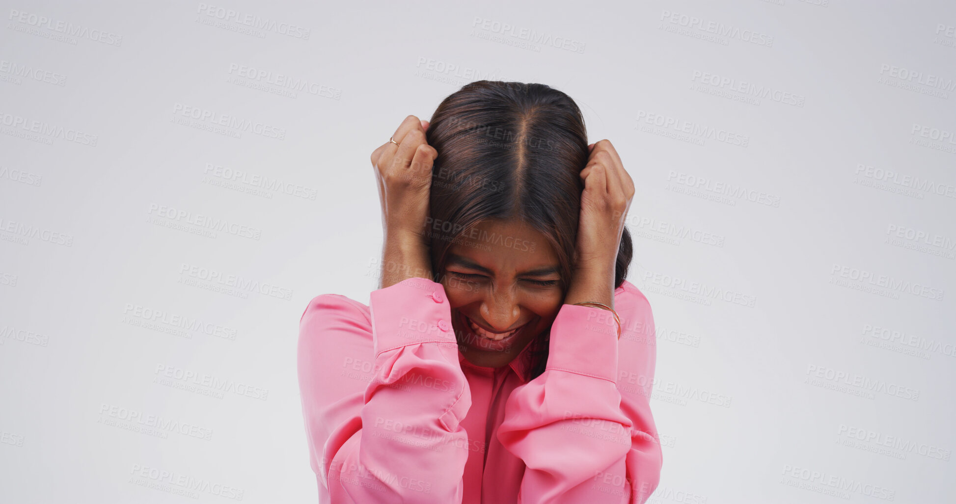 Buy stock photo Woman, frustrated and burnout with stress, crisis and isolated on white background with anxiety. Depression, psychology and fear with scared female person in studio for mental health and rage