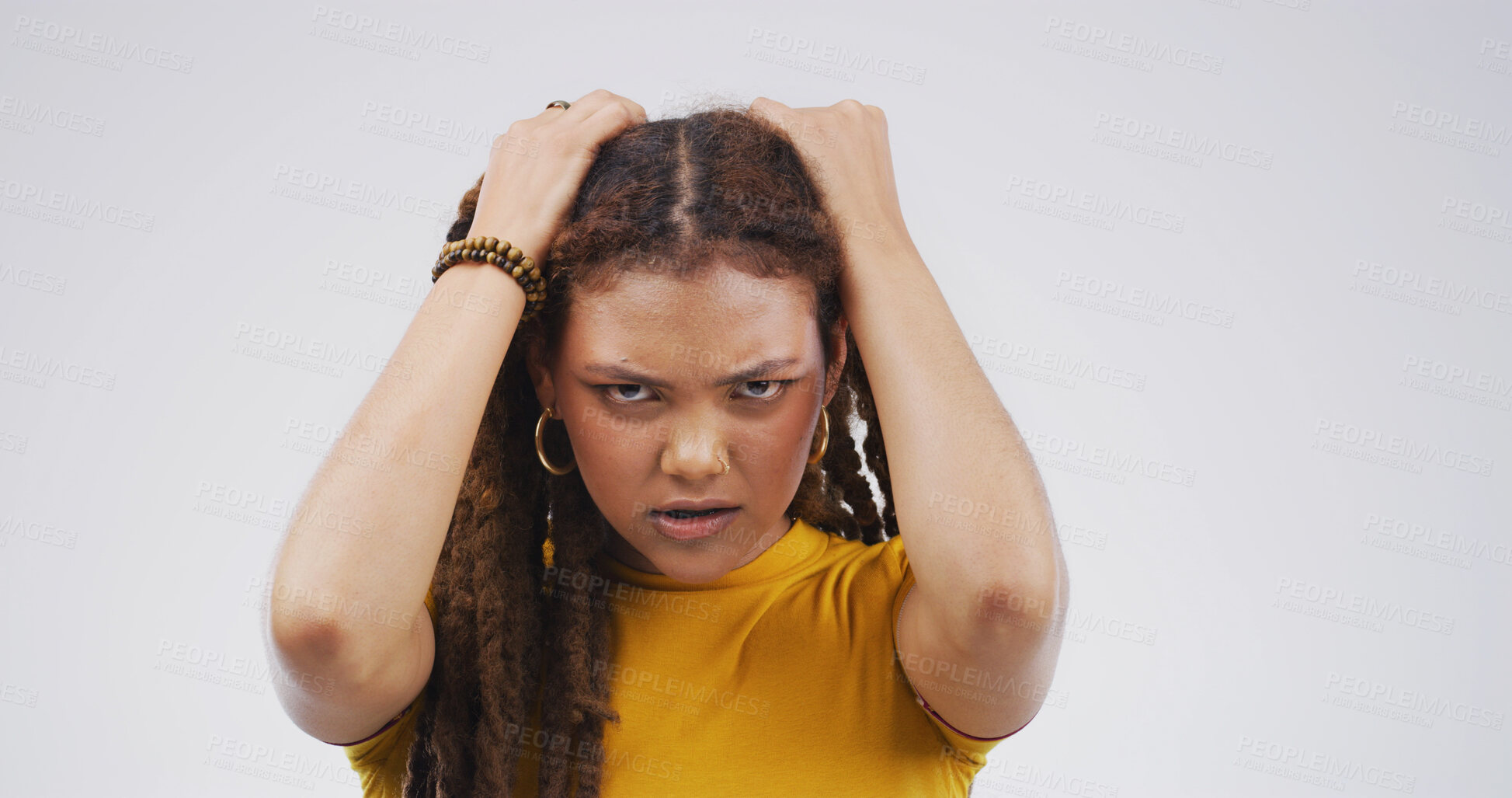 Buy stock photo Woman, frustrated and portrait with stress, anxiety and isolated on white background with mad crisis. Burnout, psychology and space with angry female person in studio for mental health and rage