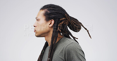 Buy stock photo Profile, student and dreadlocks with man in studio for natural hair style, college opportunity and texture. University future, African identity and pride with person on white background space