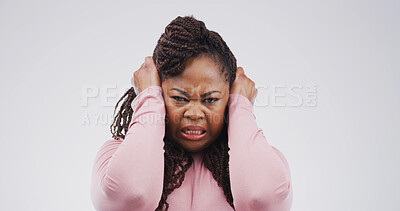 Buy stock photo Angry, frustrated and portrait of black woman in studio with reaction, emotional and upset for bad news. Mockup space, white background and isolated person stressed out for mistake, crisis and anger