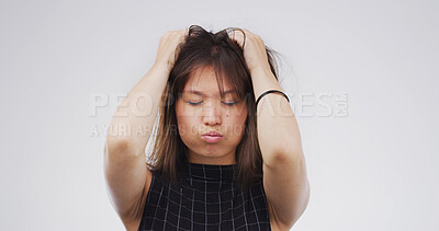 Buy stock photo Mistake, reaction and stress with woman on studio space for disaster, exam fail or test error. Bad news, crisis and education with Asian student isolated on white background for college or university