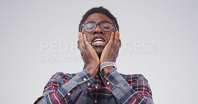 Buy stock photo Disaster, mistake and reaction with black man on studio space for crisis, exam fail or test error. Bad news, education and glasses with college or university student isolated on white background