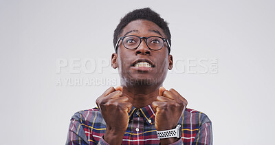 Buy stock photo Scream, frustrated and black man in studio with stress, annoyed and mistake on white background. Mockup space, emotional and isolated person with anger shouting for burnout, mental health and crisis
