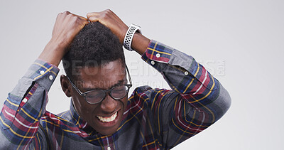 Buy stock photo Black man, frustrated and burnout with stress, crisis and isolated on white background with anxiety. Depression, psychology and fear with angry male person in studio for mental health and rage