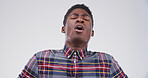 Sick, sneeze and black man in studio with allergy, flu or bacteria with health risk. Respiratory disease, problem or African model with cold, hay fever or virus infection isolated on white background