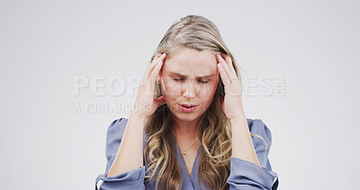 Buy stock photo Headache, pain and woman in studio, stress and frustrated on white background. Person, mockup space and migraine with anxiety, burnout and brain fog with temple massage, dizzy and mental health