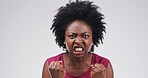 Scream, angry and portrait of black woman in studio with frustrated, problem and mistake on white background. Mockup space, emotional and isolated person shouting for stress, mental health and crisis