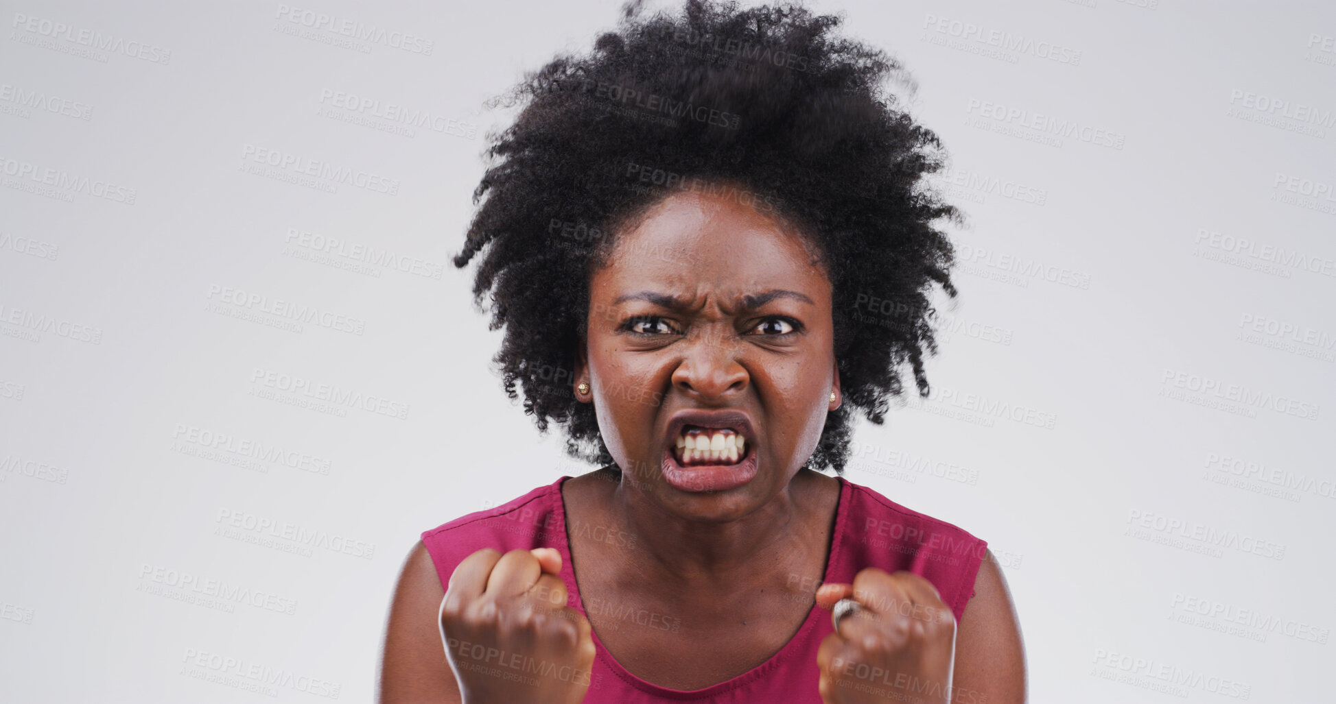 Buy stock photo Scream, angry and portrait of black woman in studio with frustrated, stress and mistake on white background. Mockup space, emotional and isolated person shouting for anger, mental health and crisis