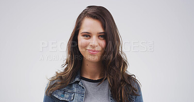 Buy stock photo Student, woman and smile for education, portrait and confident for studies in university and studio. Happy, pupil and person with pride for skill development in college, white background and USA