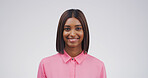 Happy, student and woman with pride, studio and smile for scholarship and opportunity in university. White background, pupil and person with confidence for education, course or media studies in India