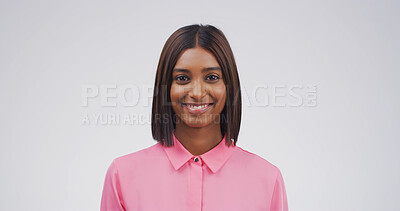 Buy stock photo Happy, student and woman with pride, studio and smile for scholarship or opportunity in university. White background, portrait and girl with confidence for education, course or media studies in India