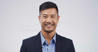 Buy stock photo Business, portrait and smile of man on studio space for career development or job opportunity. Corporate, professional and suit with happy Asian employee isolated on white background for satisfaction
