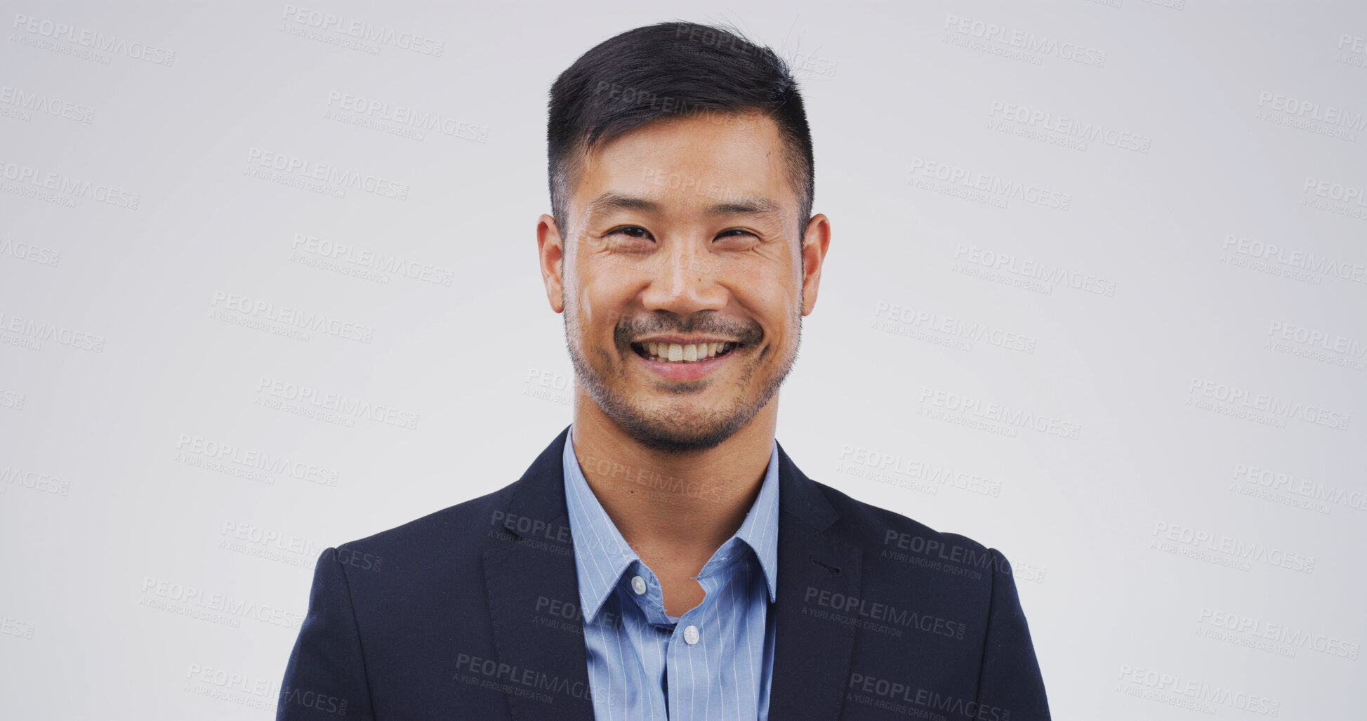 Buy stock photo Business, portrait and smile of man on studio space for career development or job opportunity. Corporate, professional and suit with happy Asian employee isolated on white background for satisfaction