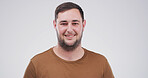 Portrait, creative and man with smile in studio for career pride, about us and journalist ambition. Happy, male person and reporting news, story writer and article publication on white background

