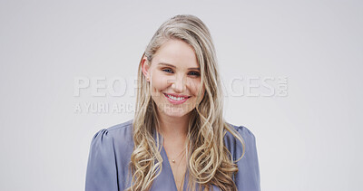 Buy stock photo Studio, ambitious and woman with smile, portrait and reporter with confidence for story or creative. White background, journalist and person with pride for opportunity, happy and career development