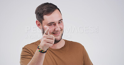 Buy stock photo Portrait, pointing to you and man in studio, decision or accountability on white background. Mockup space, gesture or person with opportunity, motivation or choice with selection, smile or invitation