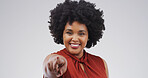 Pointing, you and portrait of black woman in studio for encourage, choice and decision for winner. Happy, mockup space and person with finger, gesture and smile for selection on white background
