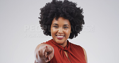 Buy stock photo Pointing, you and portrait of black woman in studio for encourage, choice and decision for winner. Happy, mockup space and person with finger, gesture and smile for selection on white background