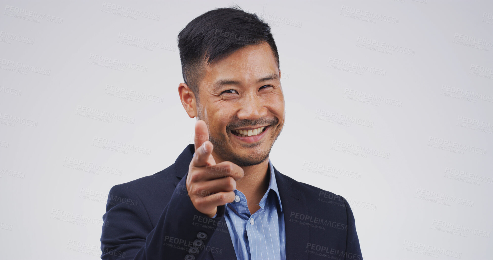 Buy stock photo Businessman, finger gun and point at you in studio portrait, smile and choice on white background. Person, HR manager and mockup space for decision, happy and recruitment for onboarding in Cambodia