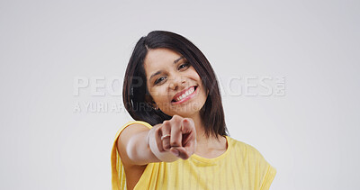 Buy stock photo Portrait, pointing to you and woman in studio, confidence and selection on white background. Smile, hand gesture and person with happiness, decision and encouragement with choice, emoji and promotion