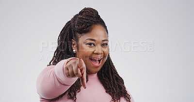 Buy stock photo Portrait, pointing to you and black woman in studio, smile and selection on white background. Emoji, hand gesture and person with decision, offer and encouragement with choice, opportunity and pride