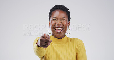 Buy stock photo Portrait, pointing to you and black woman in studio, funny and selection on white background. Opportunity, gesture and person with happiness, decision and encouragement with choice, emoji or laughing